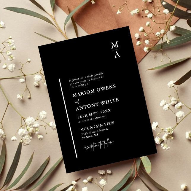 Chic Moderne Initialen Hochzeit Schwarz Weiß Einladung (Chic black and white monogram invitation adds elegant personalization to your wedding day)