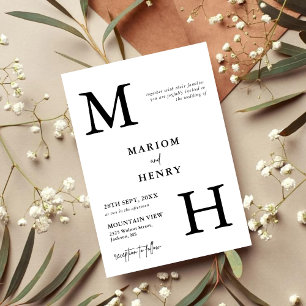 Chic Moderne Initialen Hochzeit Schwarz Weiß Einladung
