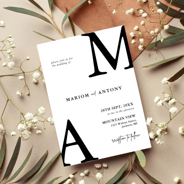 Chic Moderne Monogramm Anfangsbuchstabe Schwarz We Einladung (Chic black and white monogram invitation brings personalized elegance to your wedding day)