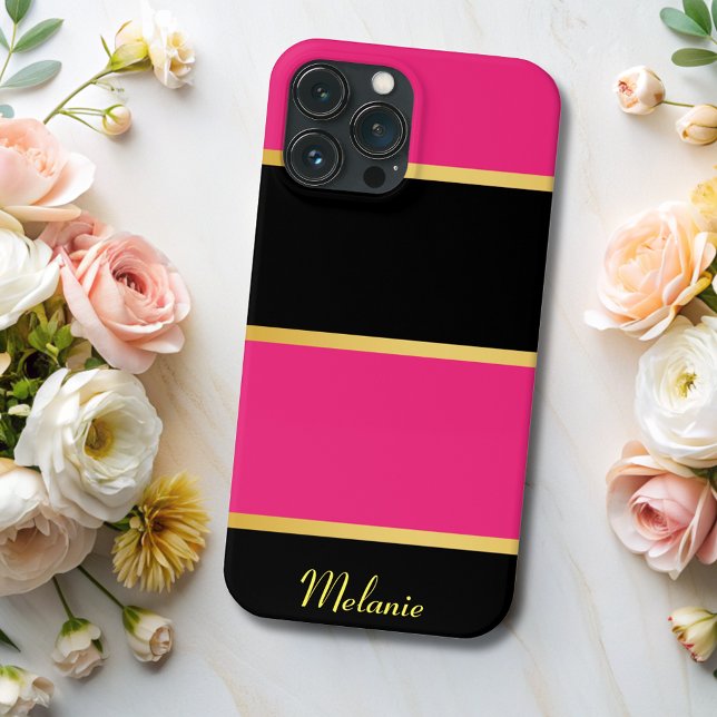 Chic Moderne schwarz rosa Streifen Muster mit Name Case-Mate iPhone Hülle (Von Creator hochgeladen)