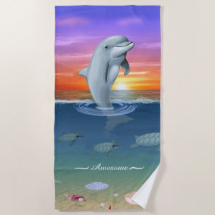 Chic moderner Delfin, Schildkröten und Schrift auf Strandtuch
