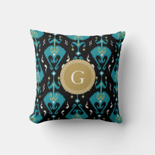 Chic modernes blaues Ikat-Stammesmuster-Monogramm Kissen