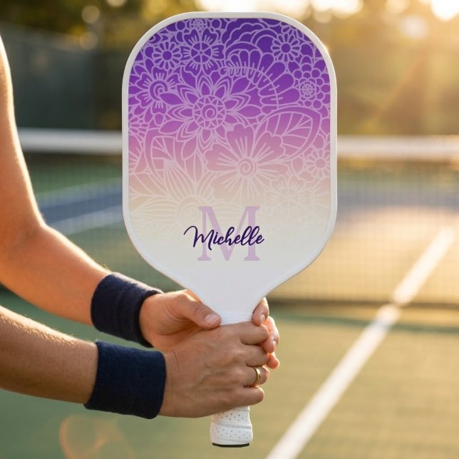 Chic modernes Monogramm Blumenmuster Pickleball Schläger (Chic Modern Floral Monogram Pickleball Paddle)