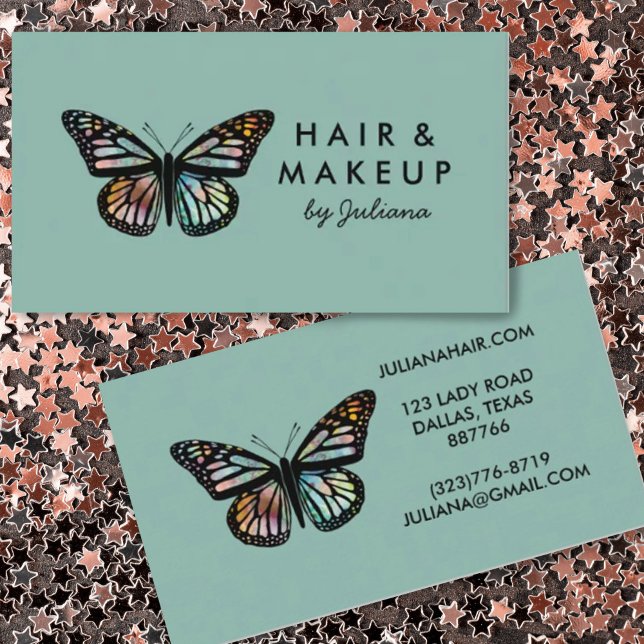 Chic Monarch Butterfly Elegante Wasserfarben Grün Visitenkarte (Von Creator hochgeladen)