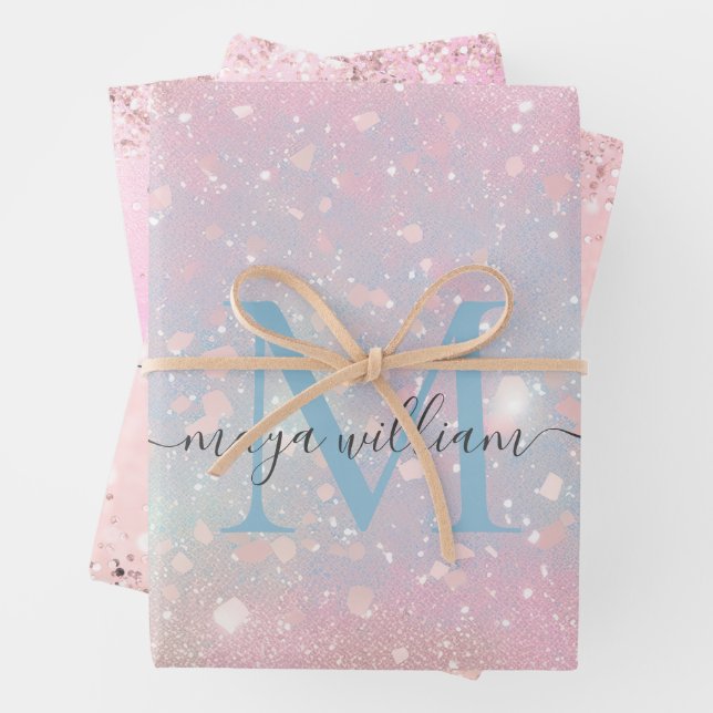 Chic Monogram 3 Color Glitzer Pink Geschenkpapier Set (Beispiel)