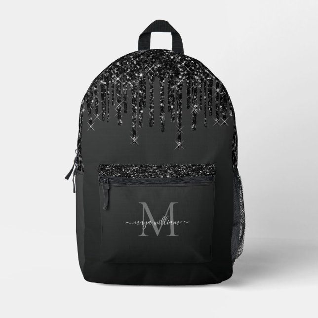 Chic Monogram Black Glitzer Tropfen Bedruckter Rucksack (Vorderseite)