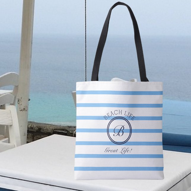 Chic Monogram Blue and White Striping Beach Life (Von Creator hochgeladen)
