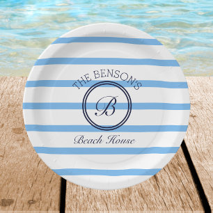 Chic Monogram Blue Stripes Family Beach House Pappteller