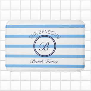 Chic Monogram Blue Stripes Family Name Beach House Badematte