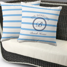 Chic Monogram Blue Stripes Family Name Beach House