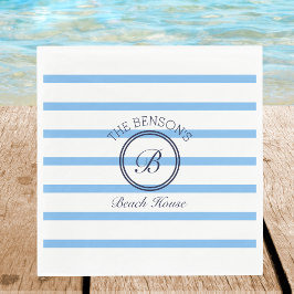 Chic Monogram Blue Stripes Family Name Beach House Serviette