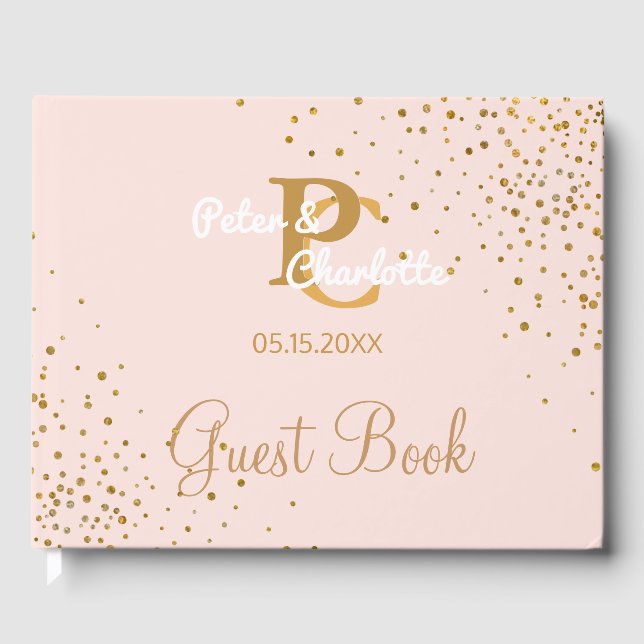 Chic Monogram | Blush Pink Gold Confetti Wedding Gästebuch (Vorderseite)