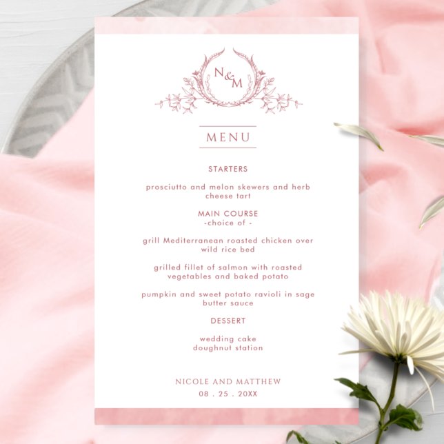 Chic Monogram Blush Pink Watercolor Wedelmenü (Von Creator hochgeladen)