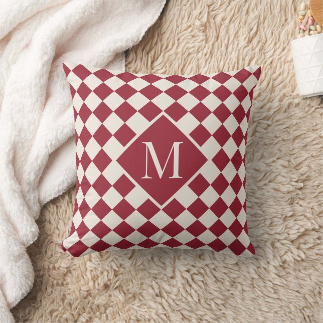 Chic Monogram Burgundy Red Cream Checkered Pattern Kissen (Decke)