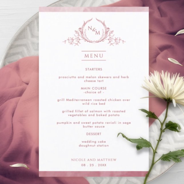 Chic Monogram Burgundy Watercolor Wedding Menu (Von Creator hochgeladen)