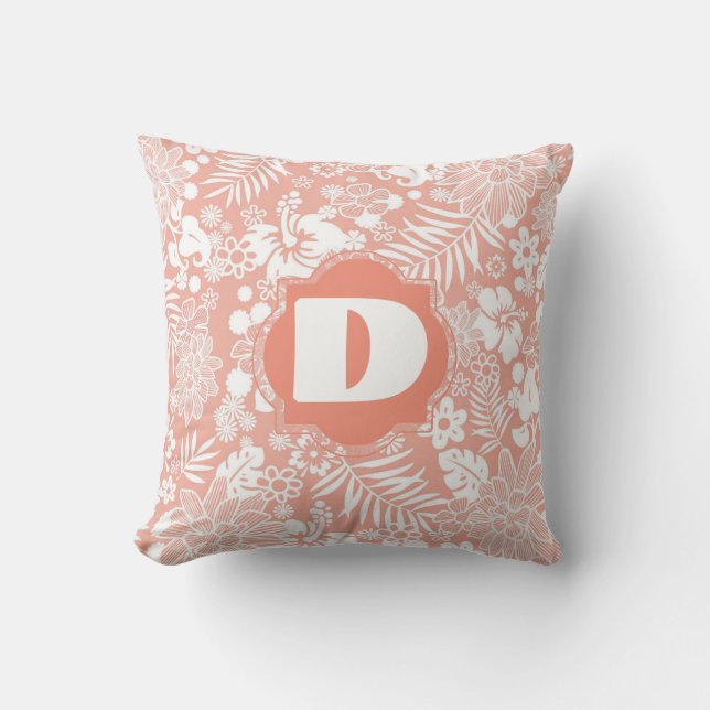 Chic Monogram Coral Blumenwirbel Kissen (Vorderseite)