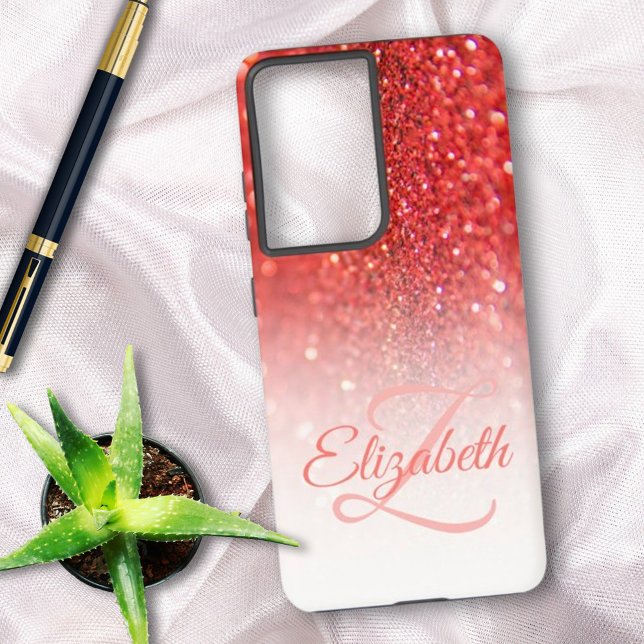 Chic Monogram Coral Glitzer Ombre Vorname Samsung Galaxy Hülle (Ready to personalize for you or as a gift. Phone case also available for iPhone styles.)