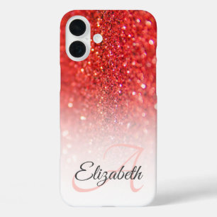Chic Monogram Coral Imitats Glitzer Ombre Name iPhone 16 Plus Hülle