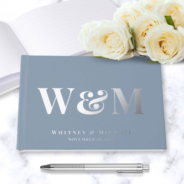 Chic Monogram Foto Dusty Blue Wedding Gästebuch (Von Creator hochgeladen)