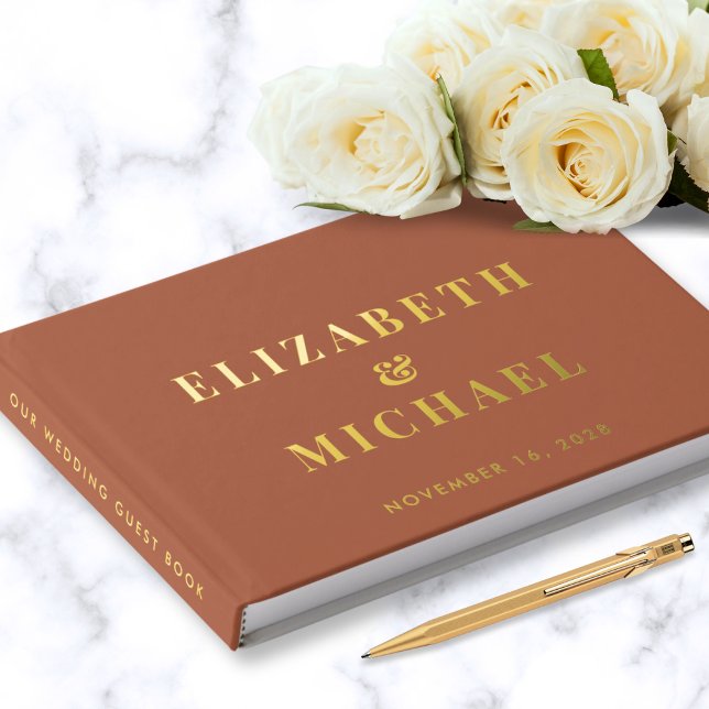 Chic Monogram Foto Terracotta Wedding Gold Gästebuch (Von Creator hochgeladen)