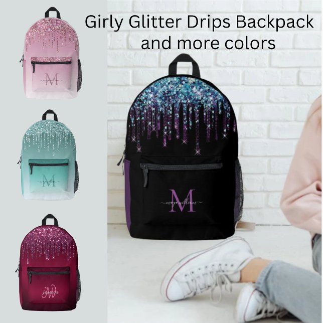 Chic Monogram Girly Hot Lila Glitzer Tropfen Bedruckter Rucksack (Von Creator hochgeladen)