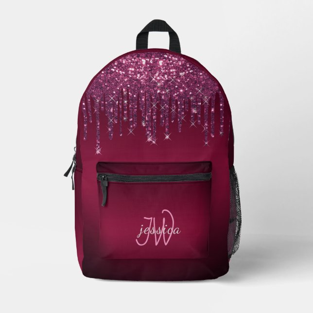 Chic Monogram Girly Hot Pink Glitzer Tropfen Bedruckter Rucksack (Vorderseite)