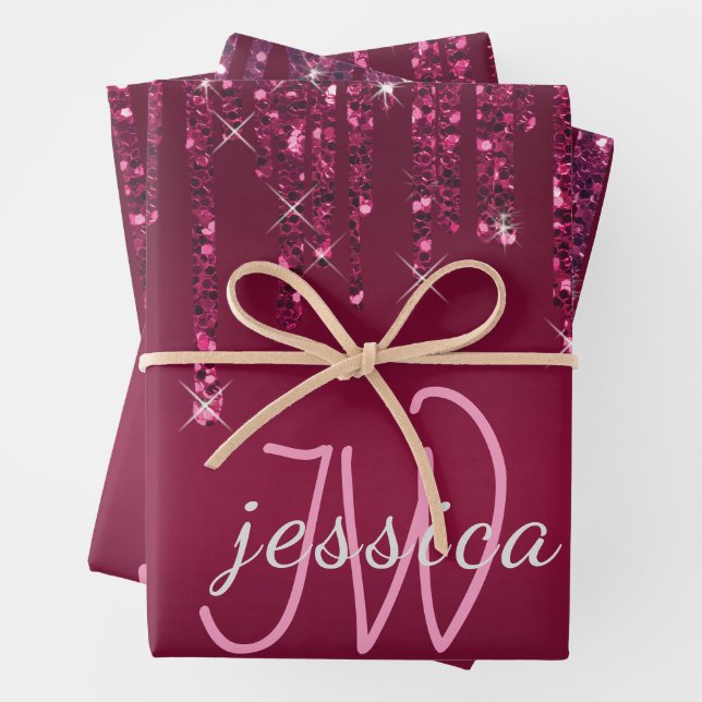 Chic Monogram Girly Hot Pink Glitzer Tropfen Geschenkpapier Set (Beispiel)