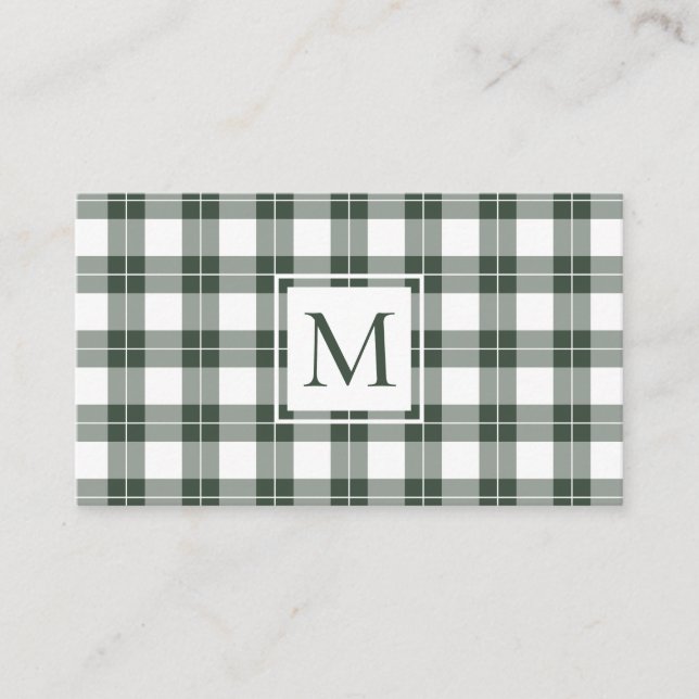 Chic Monogram Green and White Kariert Pattern Visitenkarte (Vorderseite)