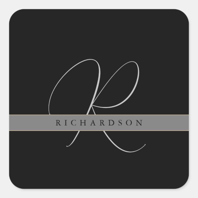 Chic Monogram Initial Name Charcoal Gray Black Quadratischer Aufkleber (Vorderseite)