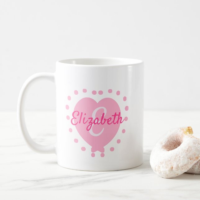 Chic Monogram Initial und Name Pink Heart Kaffeetasse (Mit Donut)