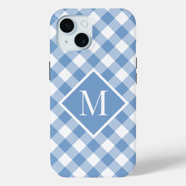 Chic Monogram Light Blue White Gingham Karo Case-Mate iPhone Hülle (Rückseite)