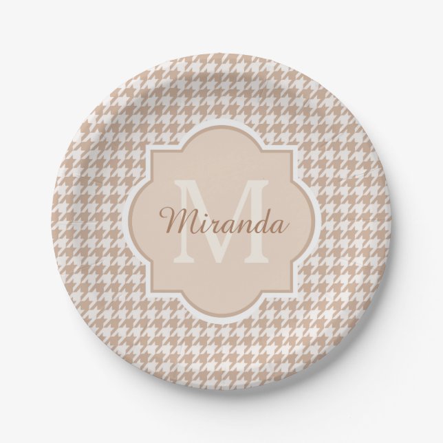 Chic Monogram Light Brown Hahnentrittmuster mit Na Pappteller (Vorderseite)