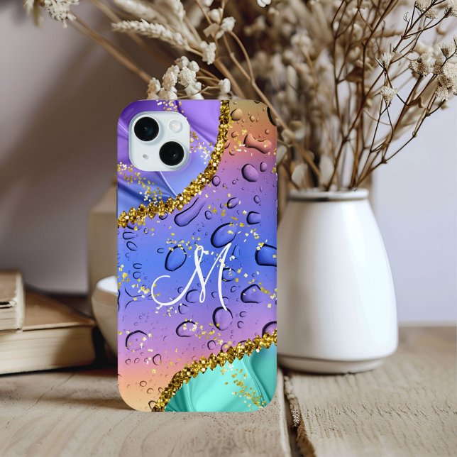 Chic Monogram M Gold Rainbow Colors Rain Droplets Case-Mate iPhone Hülle (Von Creator hochgeladen)