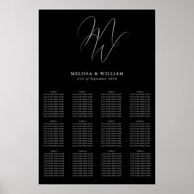 Chic Monogram Modern Black Wedding Chart Poster (Vorne)