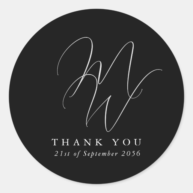 Chic Monogram Modern Black Wedding Danke Runder Aufkleber (Vorderseite)