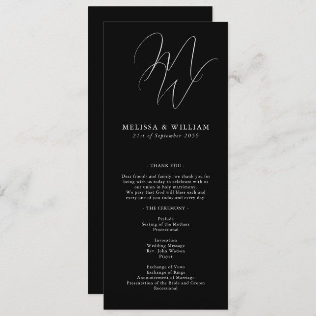 Chic Monogram Modern Black & White Wedding Programm (Vorne/Hinten)