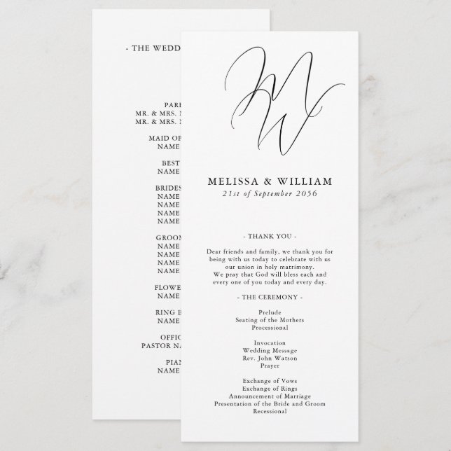 Chic Monogram Modern Initials White Wedding Programm (Vorne/Hinten)