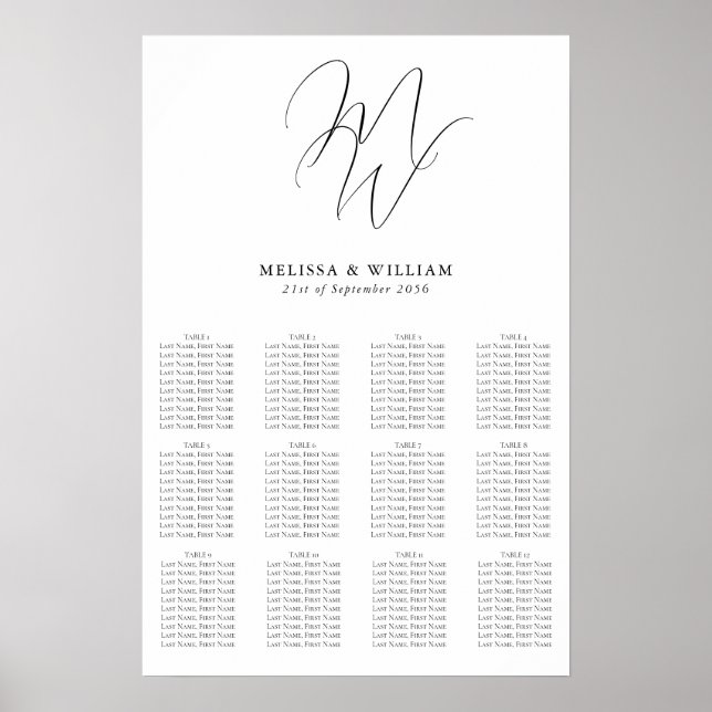 Chic Monogram Moderne Schwarz-Weiß-Hochzeitssitze Poster (Vorne)