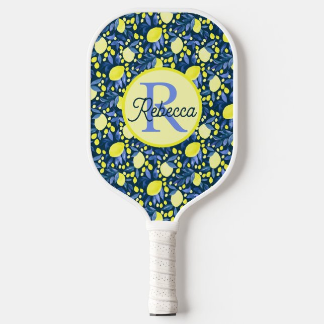 Chic Monogram Name Rustikal Citrus Lemmonen Blaues Pickleball Schläger (Vorderseite)