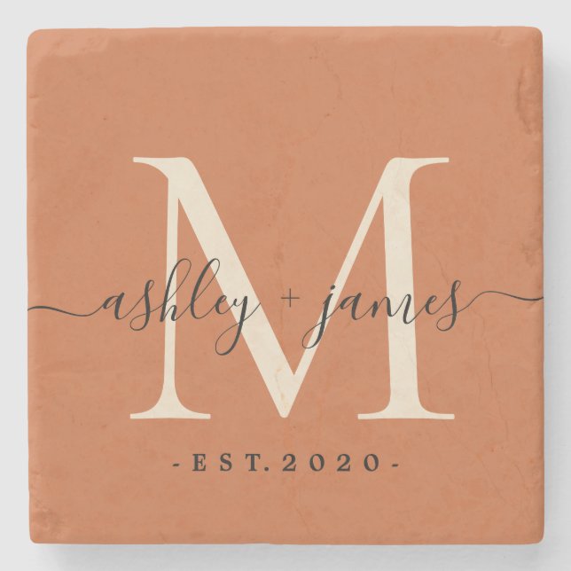 Chic Monogram Names Wedding Date Burnt Orange Steinuntersetzer (Vorderseite)