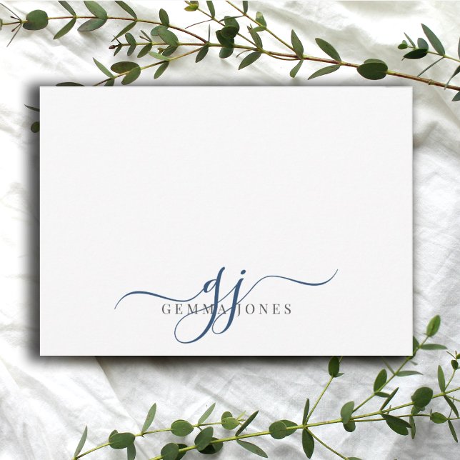 Chic Monogram Navy Blue Script Initials Mitteilungskarte (Von Creator hochgeladen)