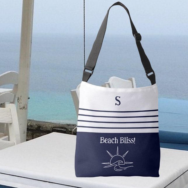 Chic Monogram Navy Blue Stripes Coastal Nautic Tragetaschen Mit Langen Trägern (Von Creator hochgeladen)