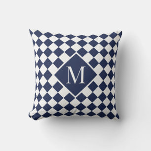 Chic Monogram Navy Blue White Checkered Pattern Kissen