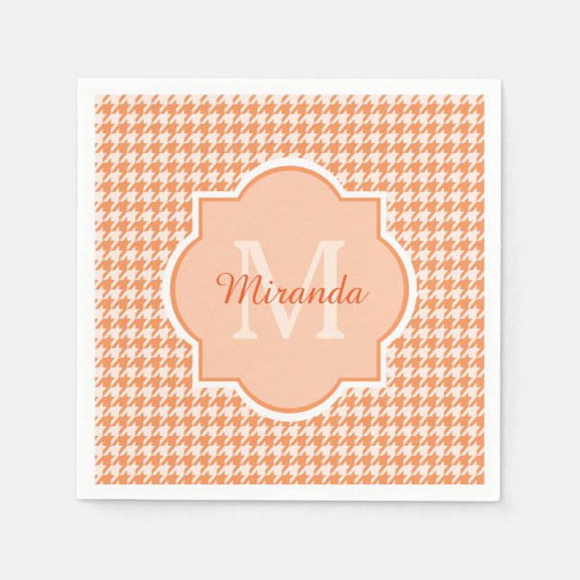Chic Monogram Orange Hahnentrittmuster mit Name Serviette (Vorderseite)