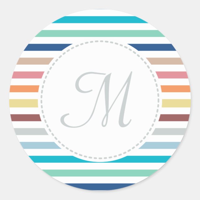 Chic Monogram Pastel Rainbow Horizontale Streifen Runder Aufkleber (Vorderseite)