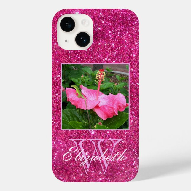 Chic Monogram Pink Glitzer Custom Foto Case-Mate iPhone Hülle (Rückseite)