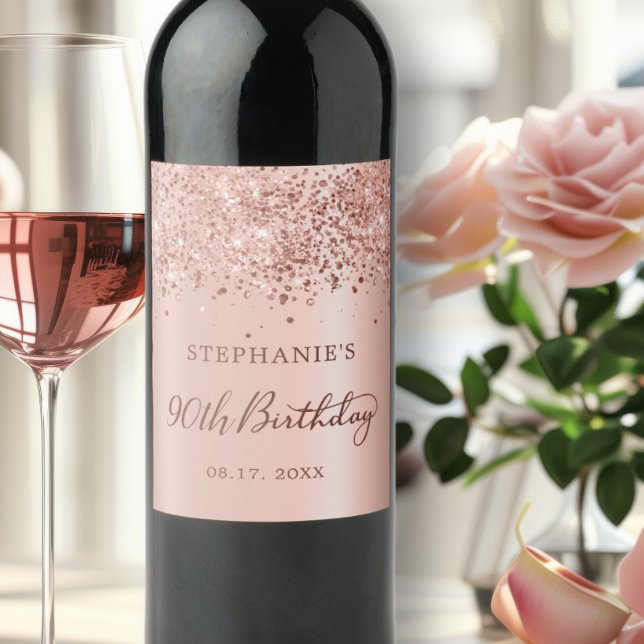 Chic Monogram Rose Gold Foil Glitzer 90. Geburtsta Weinetikett (Von Creator hochgeladen)