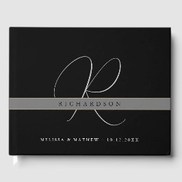 Chic Monogram Schwarz-weiß Gray Wedding Gästebuch