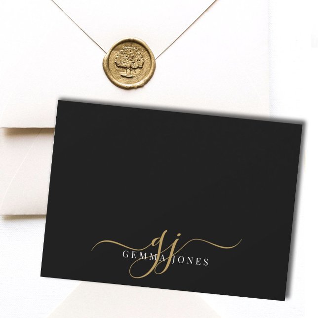 Chic Monogram Script Initials Gold Black Mitteilungskarte (Von Creator hochgeladen)