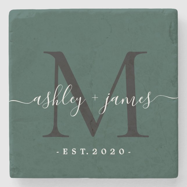 Chic Monogram Script Name Wedding Date Dunkelgrün Steinuntersetzer (Vorderseite)